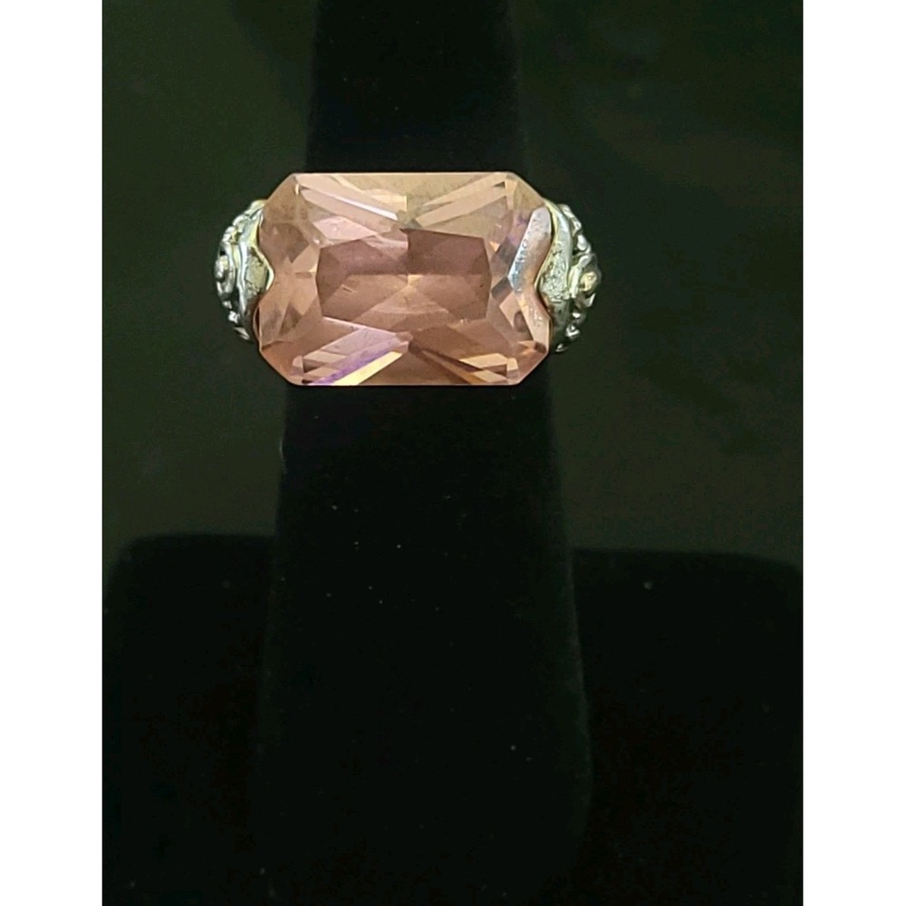 Blush Pink Cushion Cut Statement Ring Size 5.5 Ornate Silver Tone Cocktail